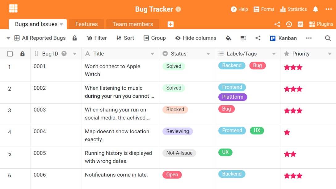 Tabela com todos os bugs conhecidos no SeaTable bug tracker