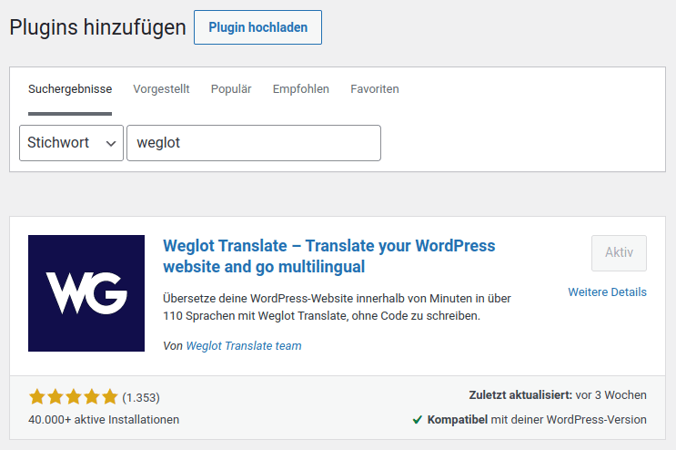 Install the WordPress plugin Weglot