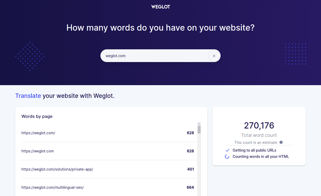l'outil de comptage de mots Weglot