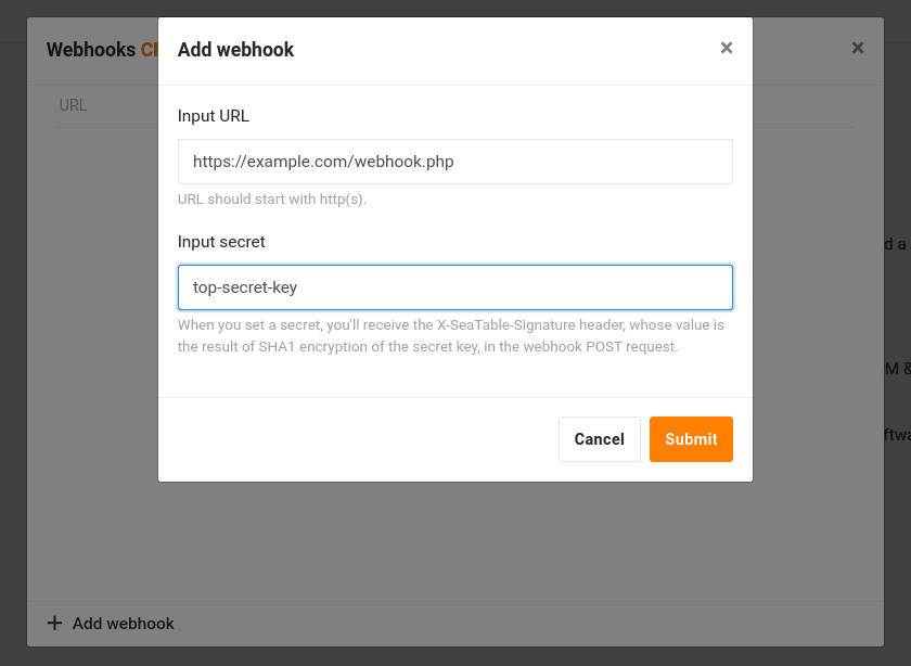 Form for creating a webhook in SeaTable