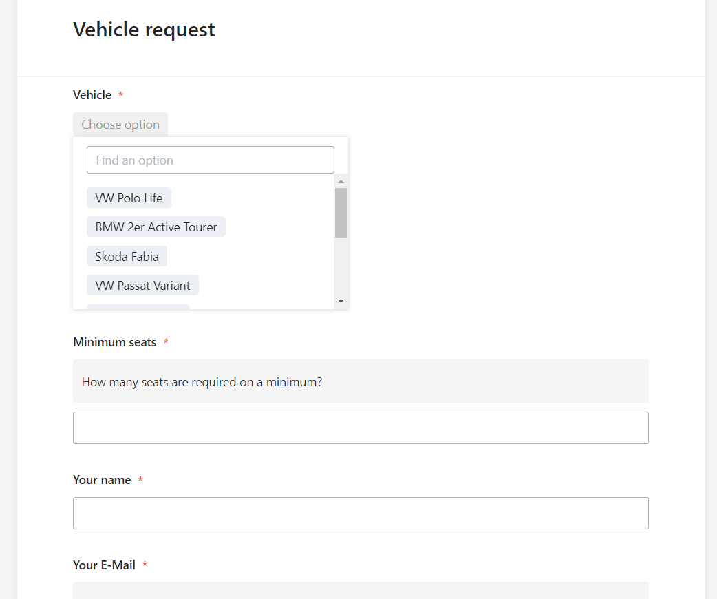 Запросы о транспортных средствах для вашего автопарка через веб-форму