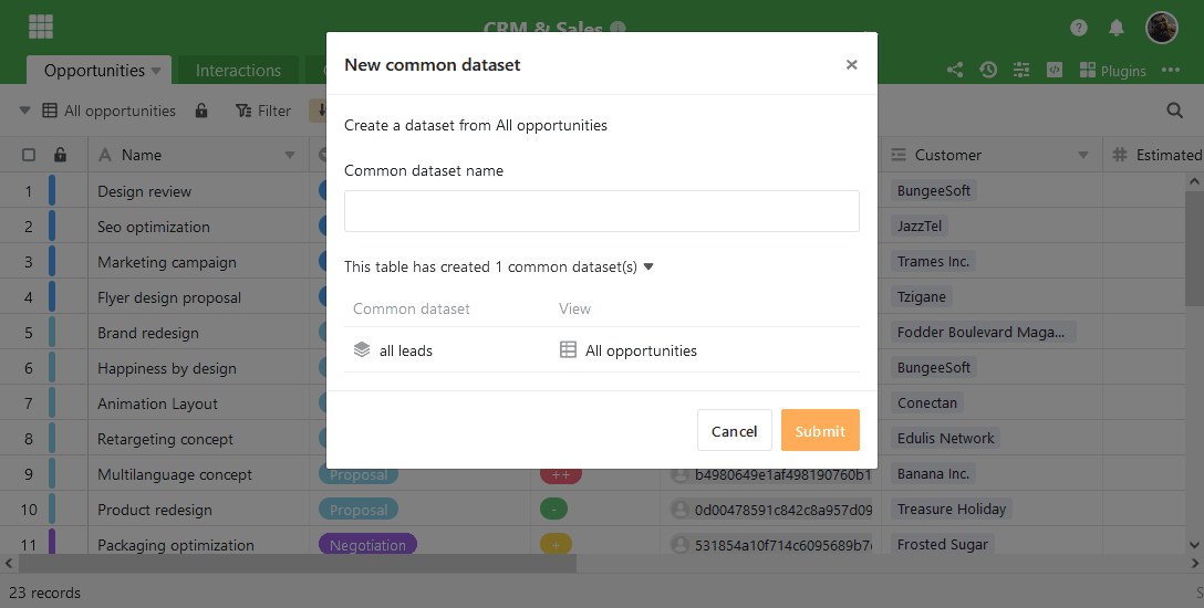 Existing common datasets are displayed in the "New common dataset" dialog