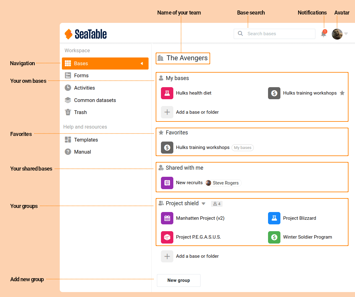 Elements of the SeaTable home page