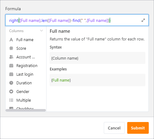 Seatable's interactive formula wizard