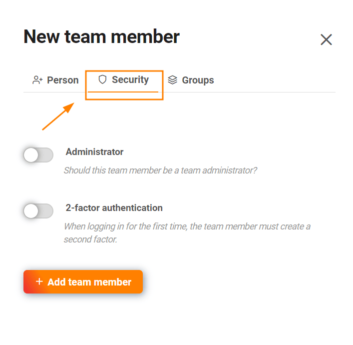 Teammitglied hinzufügen-Sicherheitseintellungen