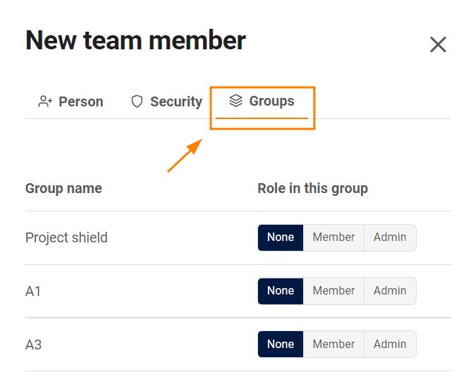 Teammitglied hinzufügen-Gruppeneisntellungen