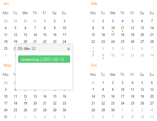 Visão geral do ano no plugin do calendário