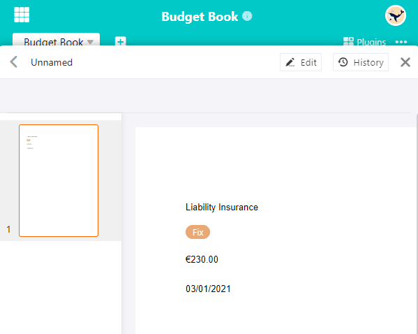 Exemple de plugin de conception de page Budget Book.