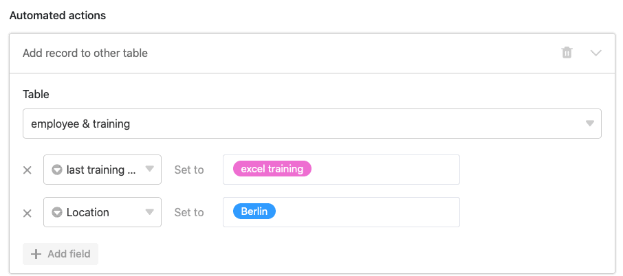 Automation action: &quot;Add an entry to another table&quot;.