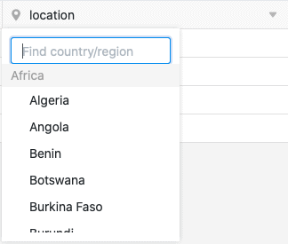 Añadir países o regiones utilizando la función de búsqueda de la columna Geoposiciones
