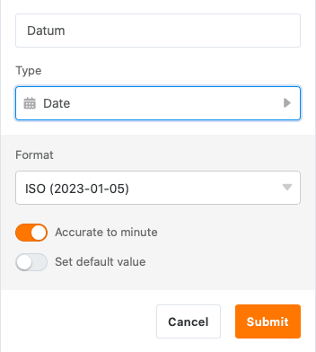 Options when creating a date column