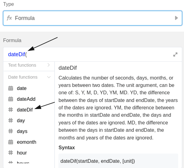 Adding the &quot;Date difference&quot; function to the formula