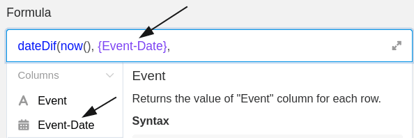 Adding the reference to the name of the table column where the event data can be found.