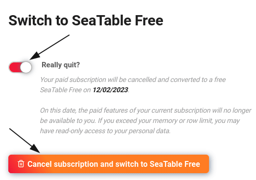 Подтвердите изменение вашей подписки на SeaTable Free