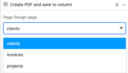 Selección de la página del plug-in de diseño de página que debe guardarse como PDF en la columna.