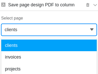 Selecção da página a partir do plug-in de design da página a ser guardada na tabela
