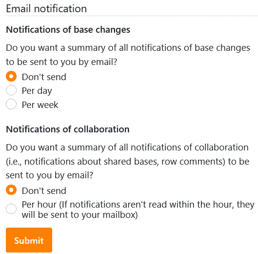 Cancelar as notificações por email SeaTable
