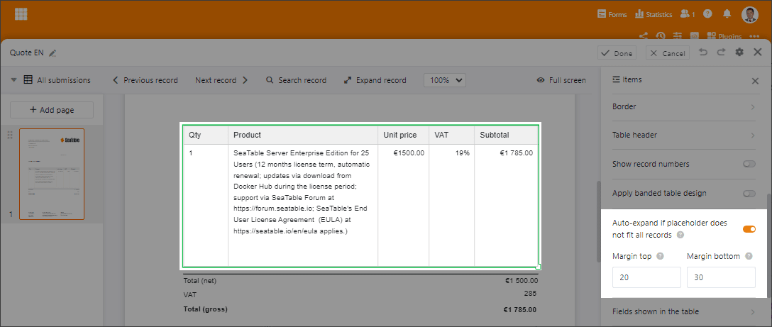 SeaTable 3.4 - Dynamic Positioning of elements in the page design plugin