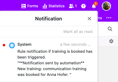 Notificación enviada a los usuarios seleccionados tras activarse el evento desencadenante.
