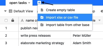 Filling of existing tables via data import