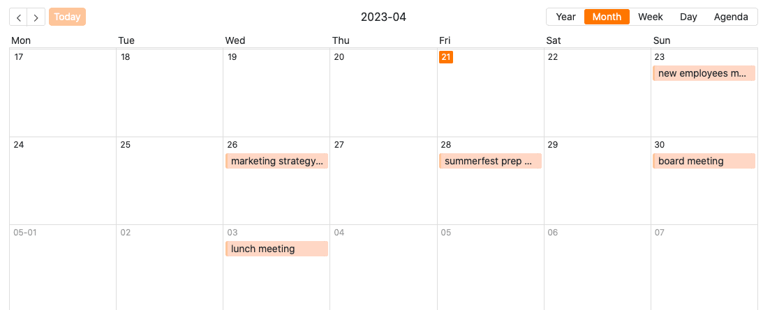 Próximas reuniones en una vista de calendario de la página de calendario