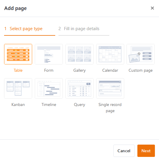 Add app page and select page type