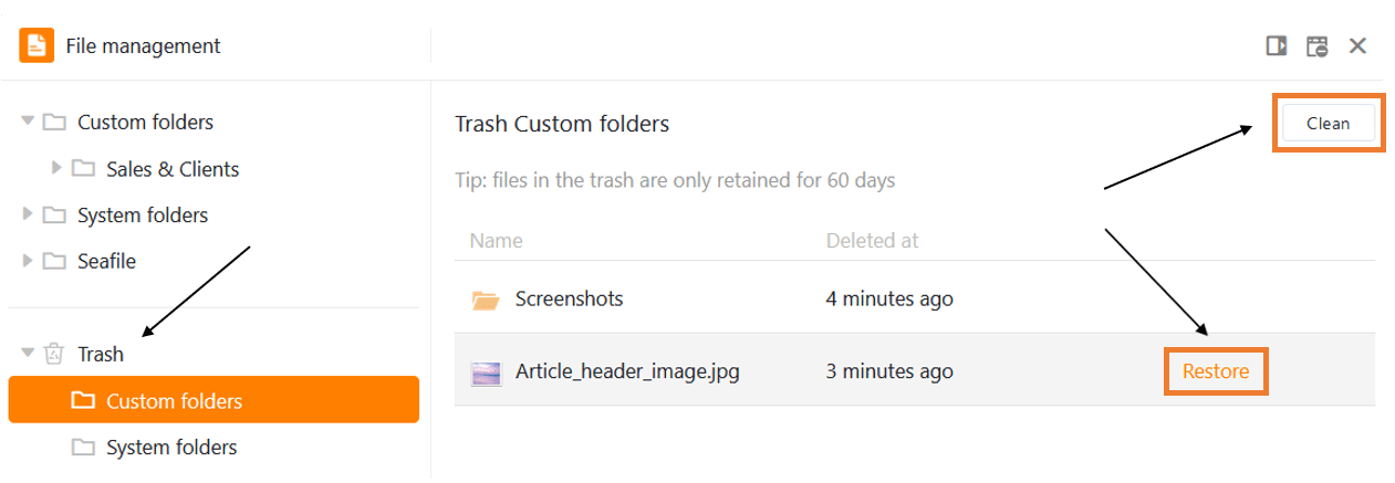 Empty recycle bin or restore files from recycle bin