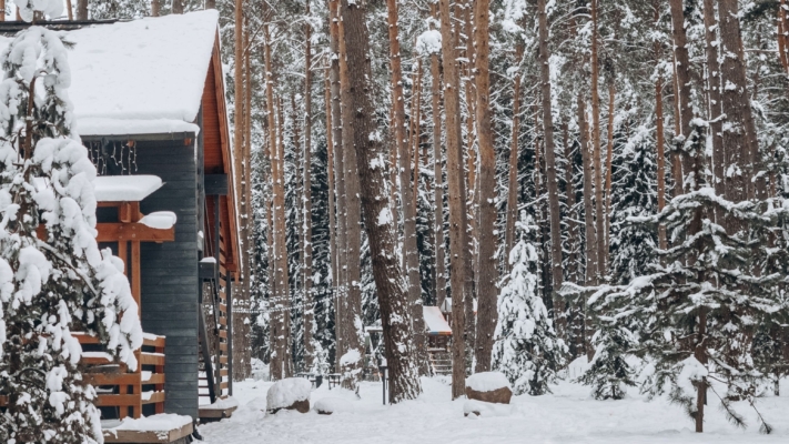 A cozy hut surrounded by a snowy landscape: the perfect locationfor a hut party as a Christmas party
