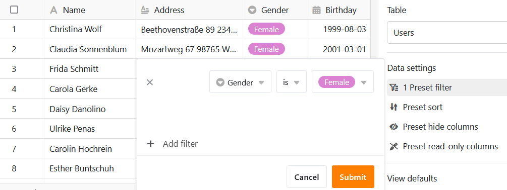 Add filter on table page in Universal Apps