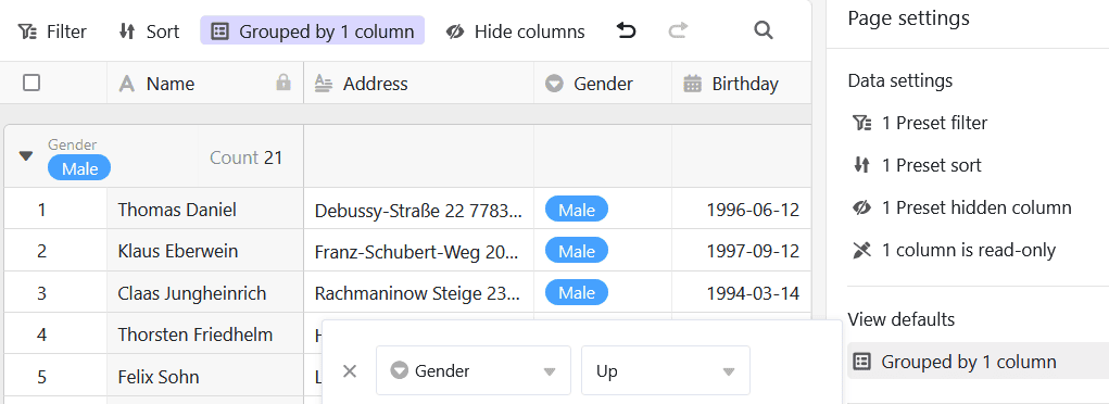 Default view grouped by one column on a table page in Universal Apps
