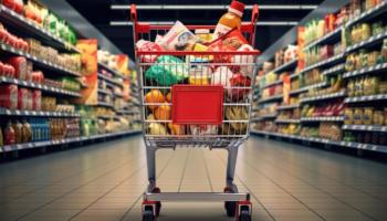 Einkaufsliste - Voller Einkaufswagen in einem Supermarkt.