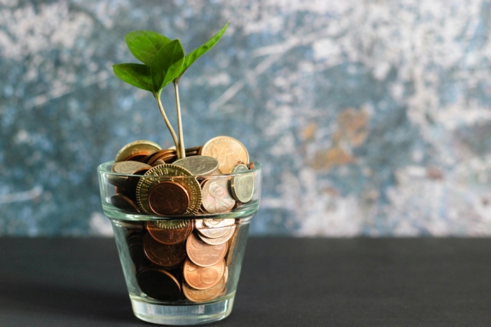 Glas mit Geldmünzen, aus dem heraus eine kleine Pflanze wächst