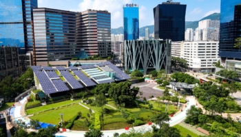 CSR: Sustainable park in front of high-rise buildings
