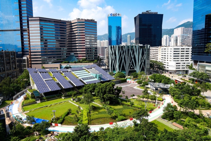 CSR: Sustainable park in front of high-rise buildings