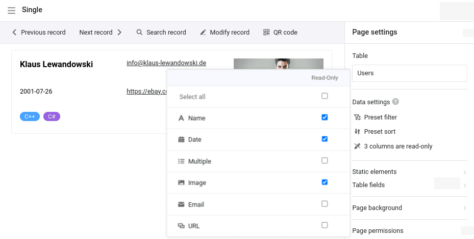 New read-only columns setting on single record page